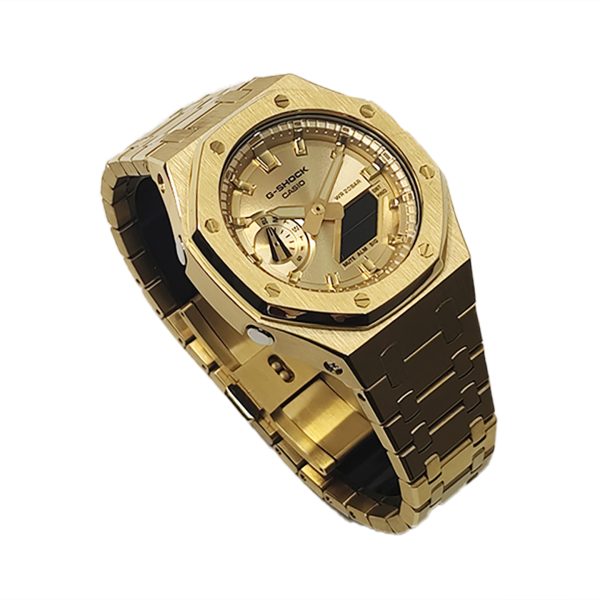 Кастомные часы Casio G-Shock G-Shock GA-2100 Золотой кастом — нержавеющая сталь, металлический браслет, золотые, вид сбоку...