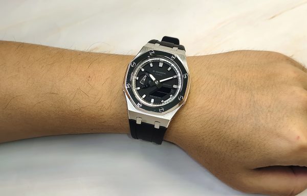 Кастомные часы Casio G-Shock GA-2100 — чёрный силиконовый ремешок и серебристый безель — фото 8