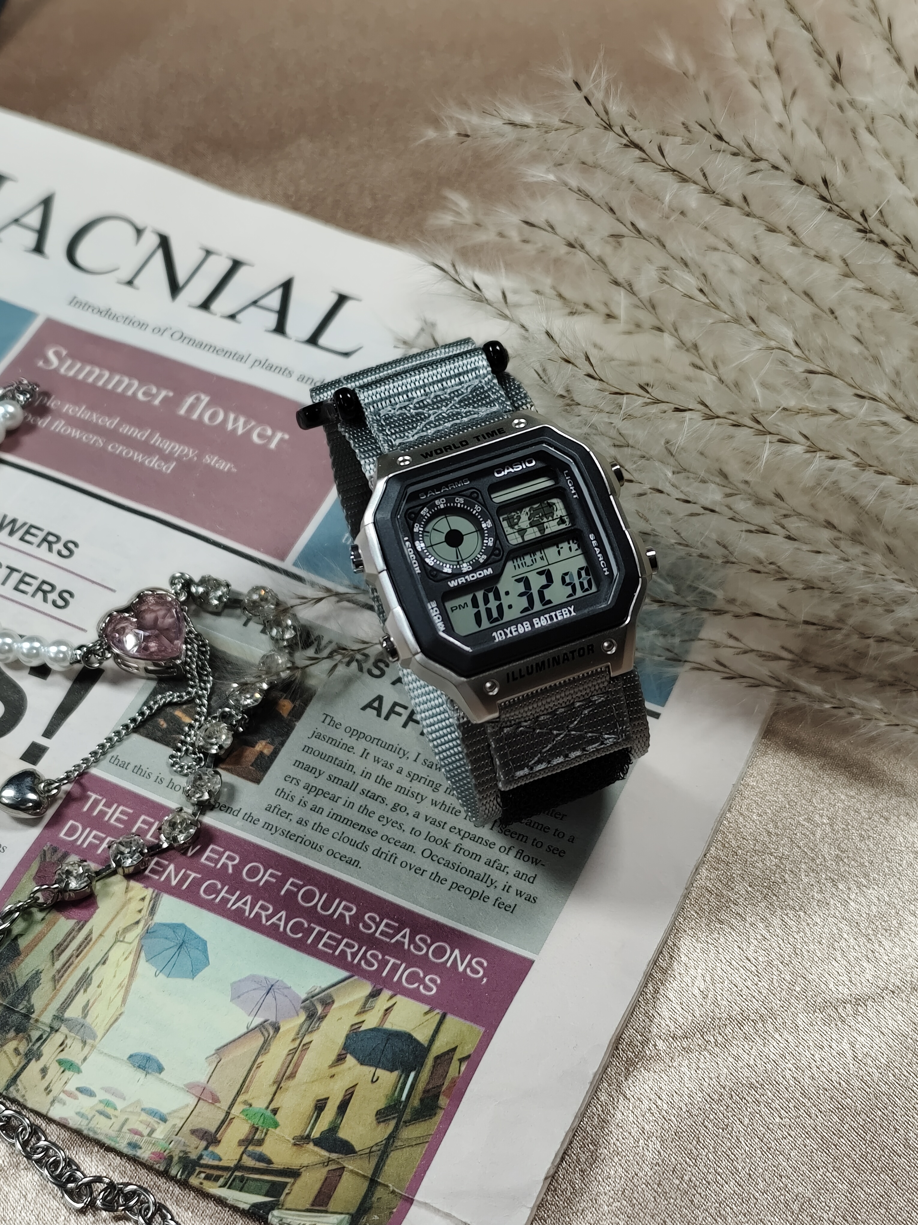 CASIO AE-1200 | Серебряный нейлоновый ремешок · Чёрный циферблат