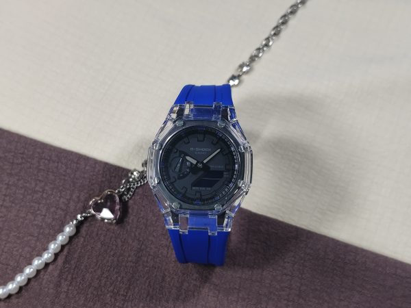 Кастомные часы Casio G-Shock GA-2100 — синий каучуковый ремешок и прозрачный корпус — фото 1