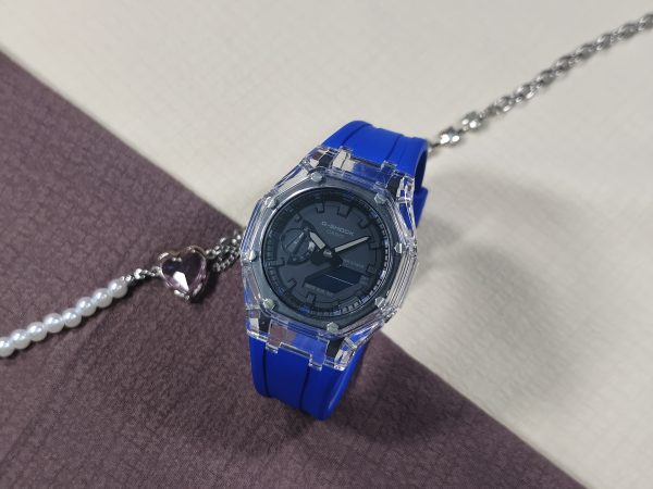 Кастомные часы Casio G-Shock GA-2100 — синий каучуковый ремешок и прозрачный корпус — фото 2