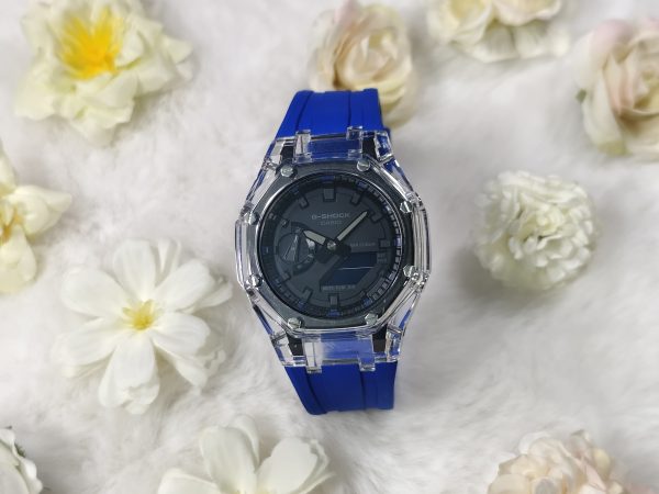 Кастомные часы Casio G-Shock GA-2100 — синий каучуковый ремешок и прозрачный корпус — фото 3