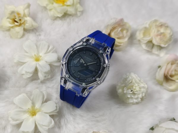 Кастомные часы Casio G-Shock GA-2100 — синий каучуковый ремешок и прозрачный корпус — фото 4