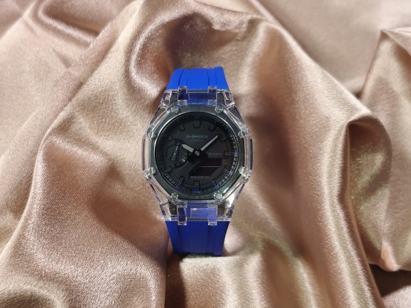 Кастомные часы Casio G-Shock GA-2100 — синий каучуковый ремешок и прозрачный корпус — фото 5