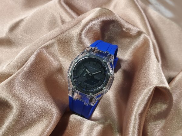 Кастомные часы Casio G-Shock GA-2100 — синий каучуковый ремешок и прозрачный корпус — фото 6