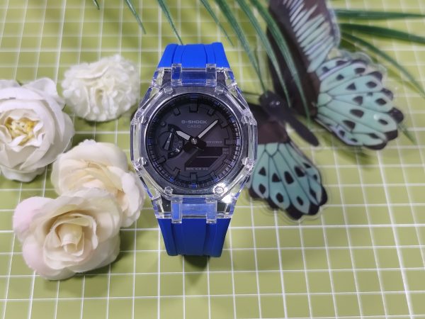 Кастомные часы Casio G-Shock GA-2100 — синий каучуковый ремешок и прозрачный корпус — фото 7