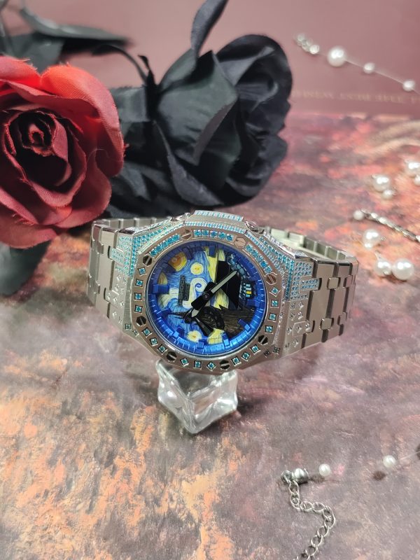 Кастомные часы Casio G-Shock GA-2100 — серебристый браслет и голубой безель с кристаллами — фото 3
