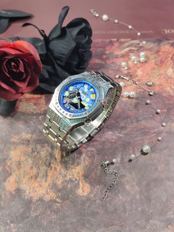Кастомные часы Casio G-Shock GA-2100 — серебристый браслет и голубой безель с кристаллами — фото 4