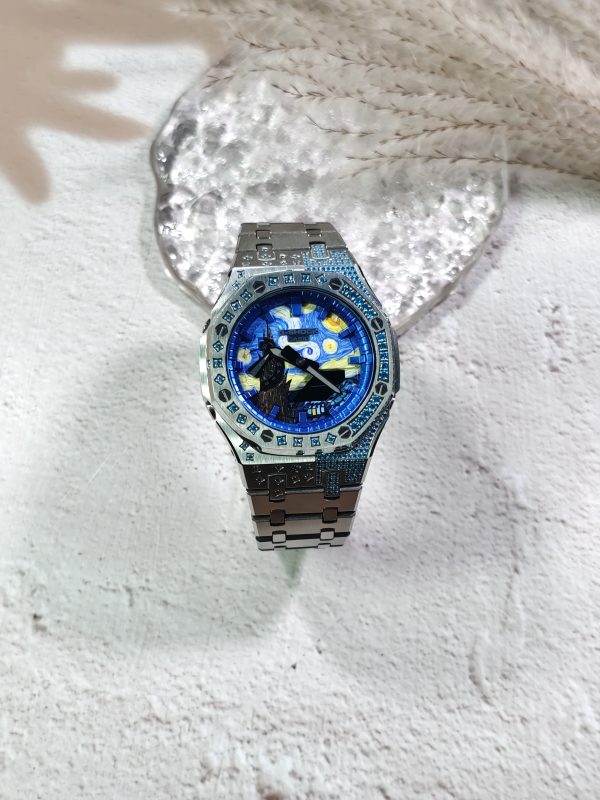 Кастомные часы Casio G-Shock GA-2100 — серебристый браслет и голубой безель с кристаллами — фото 6