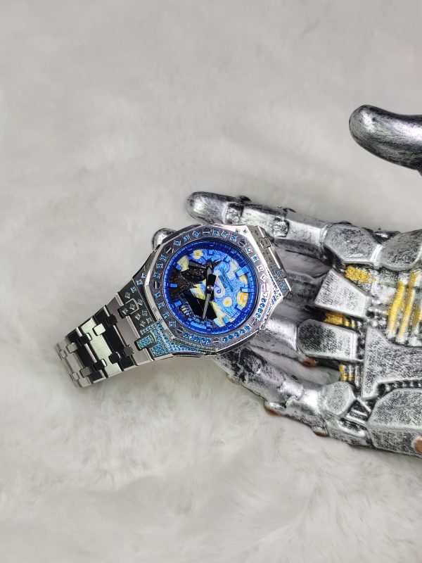 Кастомные часы Casio G-Shock GA-2100 — серебристый браслет и голубой безель с кристаллами — фото 7