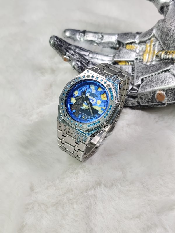 Кастомные часы Casio G-Shock GA-2100 — серебристый браслет и голубой безель с кристаллами — фото 8