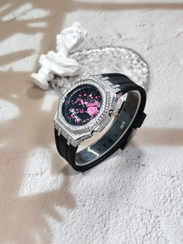 Кастомные часы Casio G-Shock GA-2100 — чёрный каучуковый ремешок и серебристый безель с кристаллами — фото 5