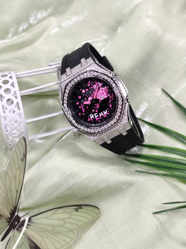 Кастомные часы Casio G-Shock GA-2100 — чёрный каучуковый ремешок и серебристый безель с кристаллами — фото 6