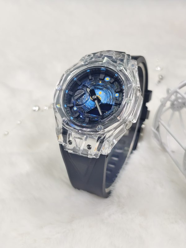 Кастомные часы Casio G-Shock GA-2100 — чёрный каучуковый ремешок и серебристый безель с кристаллами — фото 3