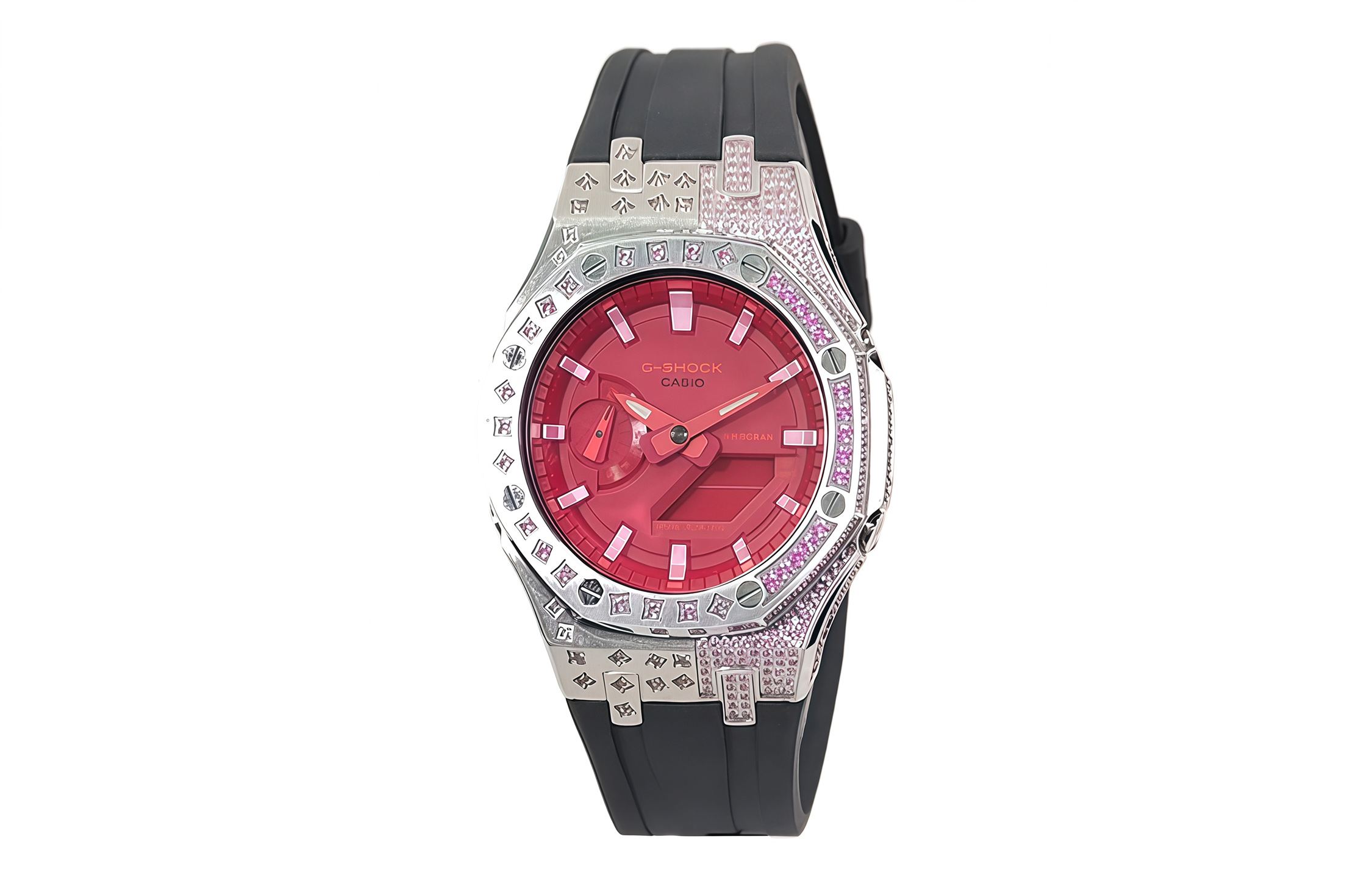 Кастомные часы CASIO 4A | Мод | CasiOAK Custom Кастомные часы Casio G-Shock GA-2100 — чёрный ремешок, розовые кристаллы и красный циферблат