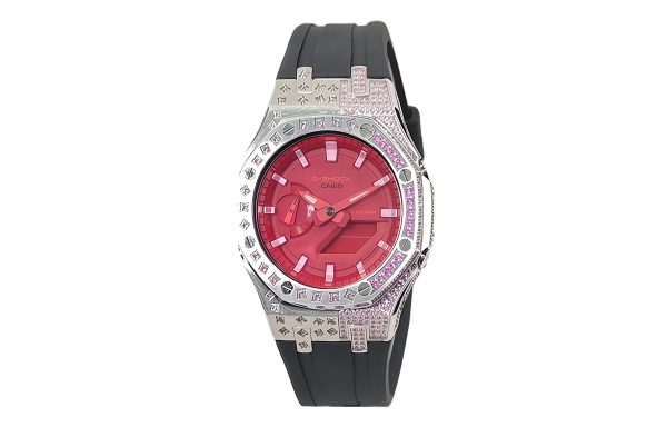 Кастомные часы Casio G-Shock GA-2100 — чёрный ремешок, розовые кристаллы и красный циферблат — фото 1
