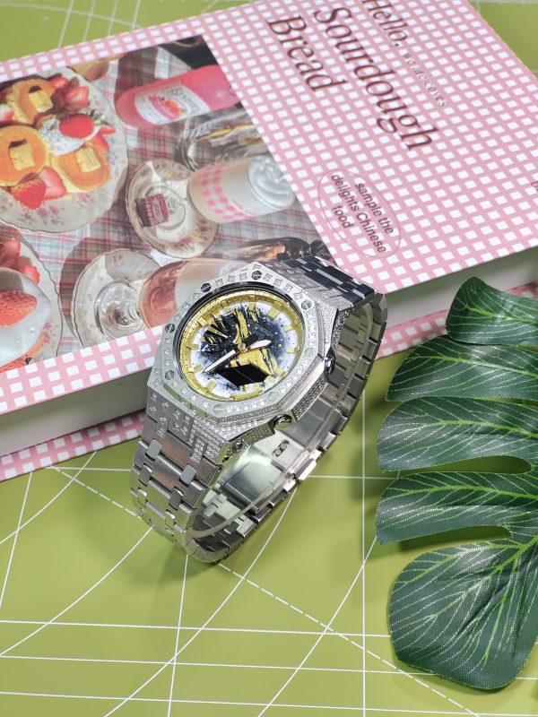 Кастомные часы Casio G-Shock GA-2100 — серебристый стальной браслет и безель с кристаллами — фото 2