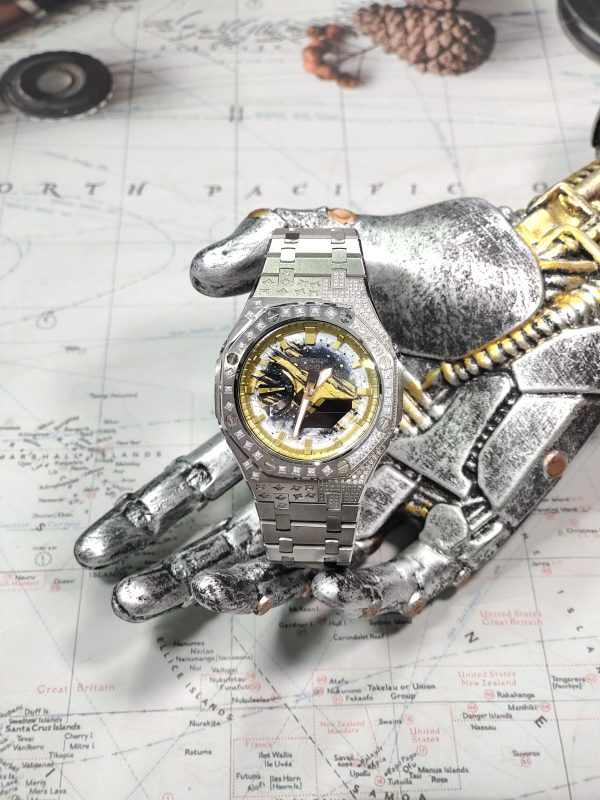 Кастомные часы Casio G-Shock GA-2100 — серебристый стальной браслет и безель с кристаллами — фото 3