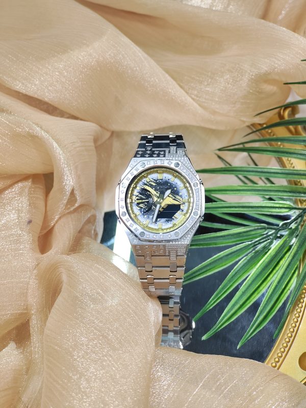 Кастомные часы Casio G-Shock GA-2100 — серебристый стальной браслет и безель с кристаллами — фото 5