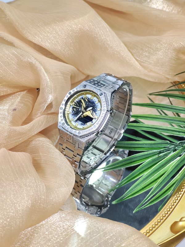Кастомные часы Casio G-Shock GA-2100 — серебристый стальной браслет и безель с кристаллами — фото 6