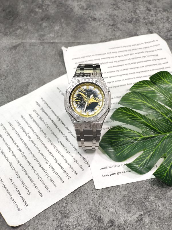 Кастомные часы Casio G-Shock GA-2100 — серебристый стальной браслет и безель с кристаллами — фото 7