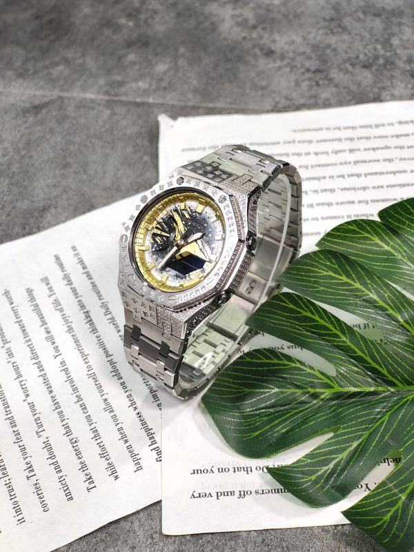 Кастомные часы Casio G-Shock GA-2100 — серебристый стальной браслет и безель с кристаллами — фото 8