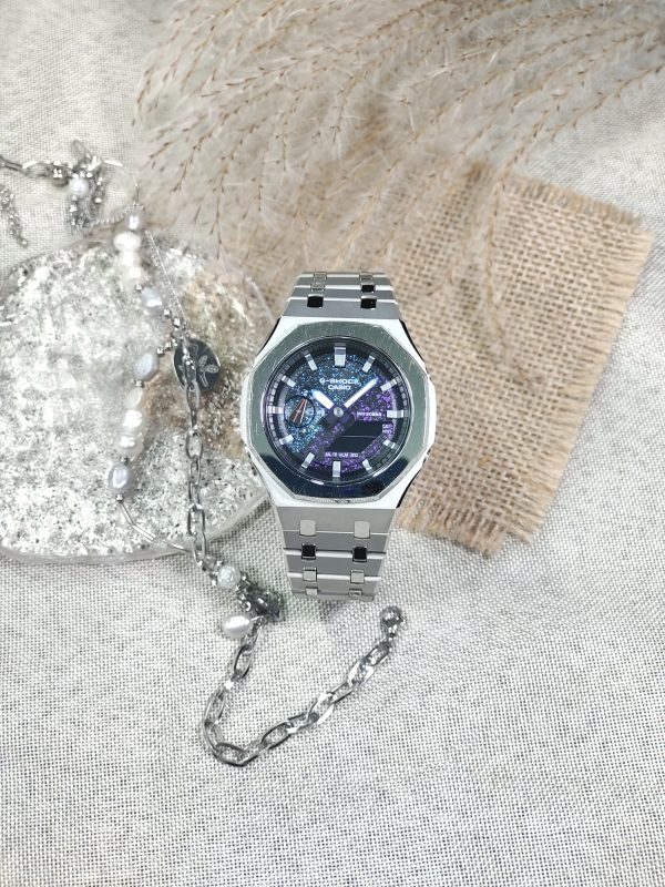 Кастомные часы Casio G-Shock GA-2100 — серебряный корпус и космический циферблат — фото 4