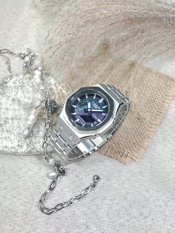 Кастомные часы Casio G-Shock GA-2100 — серебряный корпус и космический циферблат — фото 5