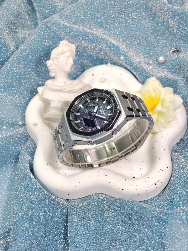 Кастомные часы Casio G-Shock GA-2100 — серебряный корпус и космический циферблат — фото 6