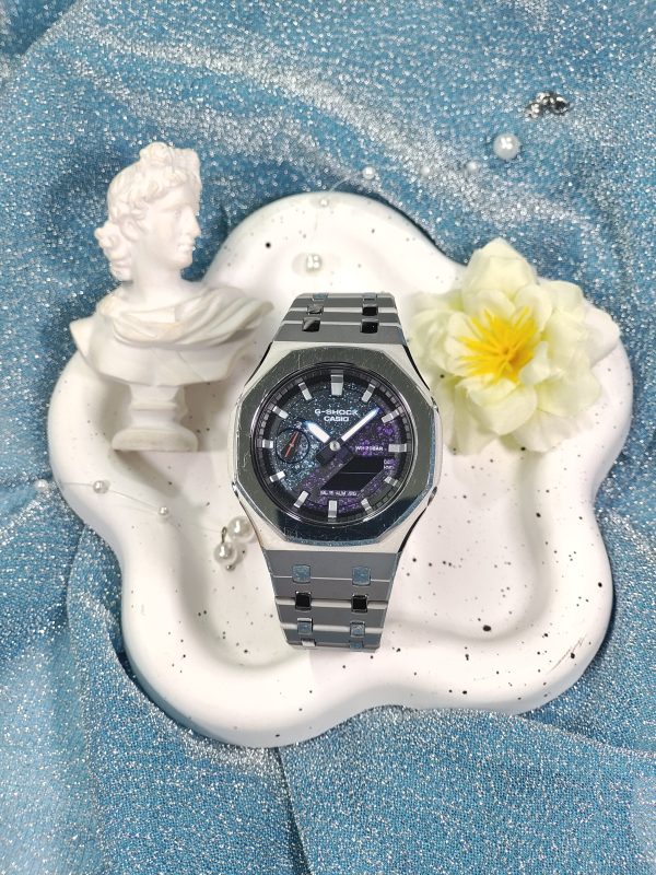 Кастомные часы Casio G-Shock GA-2100 — серебряный корпус и космический циферблат — фото 7