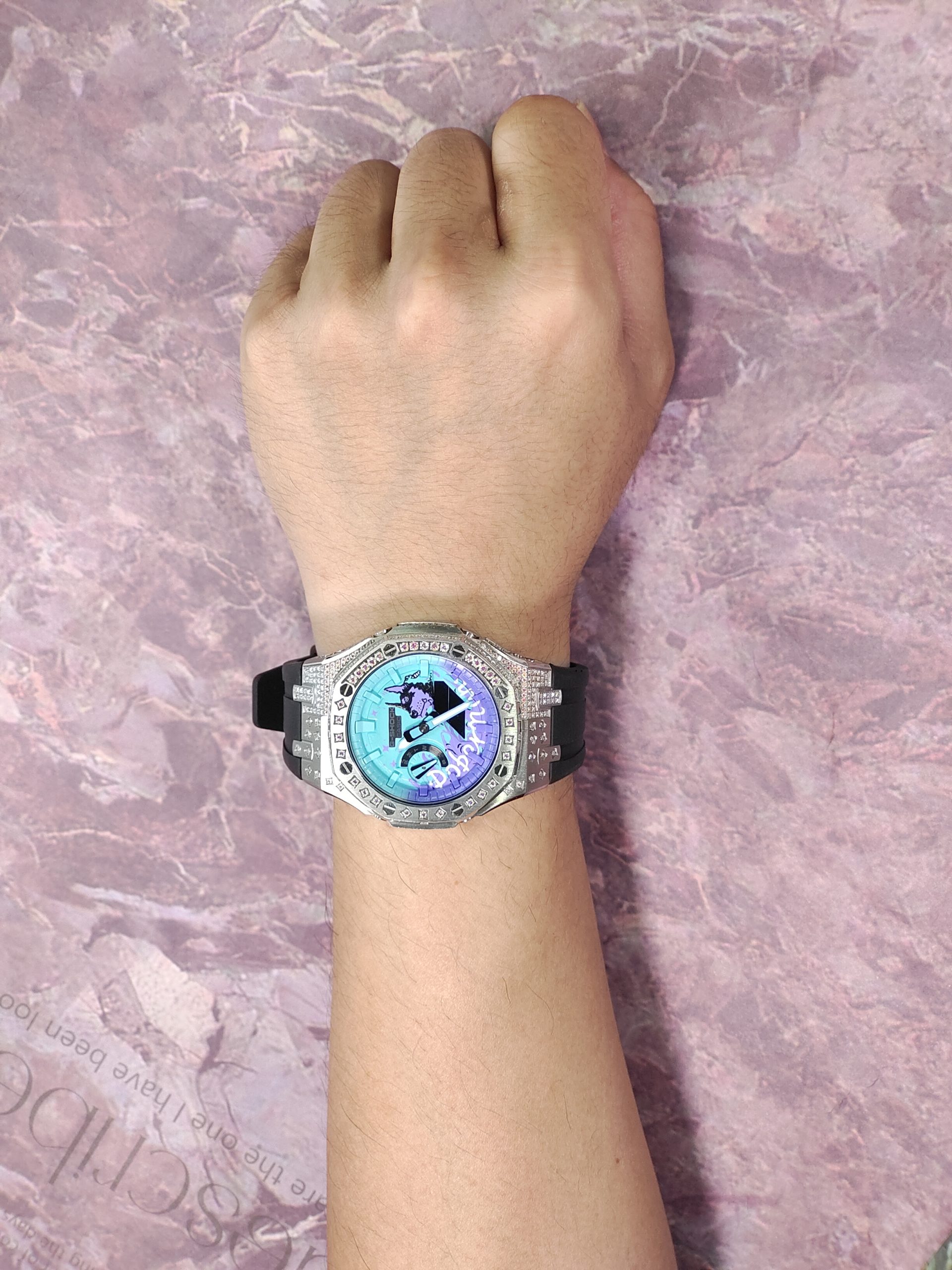 Кастомные часы CASIO 1A | Мод | CasiOAK Custom Кастомные часы Casio G-Shock GA-2100 — чёрный каучуковый ремешок и серебряный безель с кристаллами
