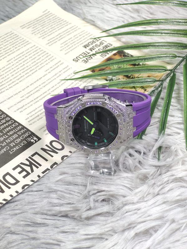 Кастомные часы Casio G-Shock GA-2100 — Фиолетовый циферблат и Бриллиантовые акценты — фото 5