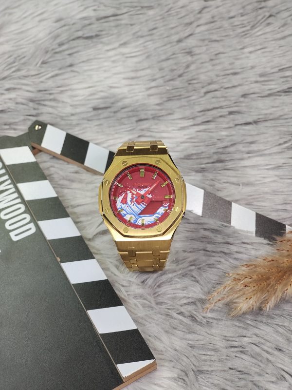 Кастомные часы Casio G-Shock GA-2100 — Золотой стальной браслет и Красный циферблат — фото 1