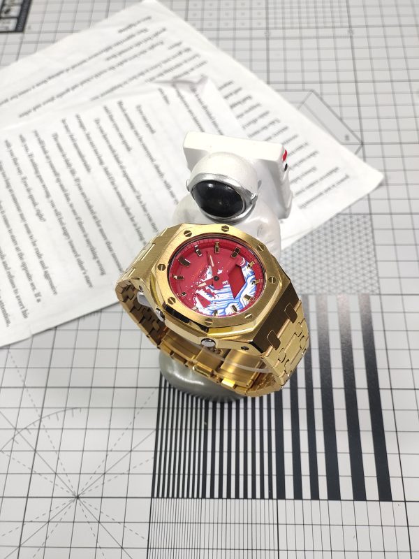 Кастомные часы Casio G-Shock GA-2100 — Золотой стальной браслет и Красный циферблат — фото 5