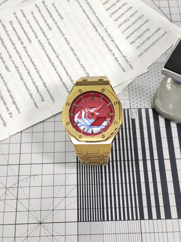 Кастомные часы Casio G-Shock GA-2100 — Золотой стальной браслет и Красный циферблат — фото 6