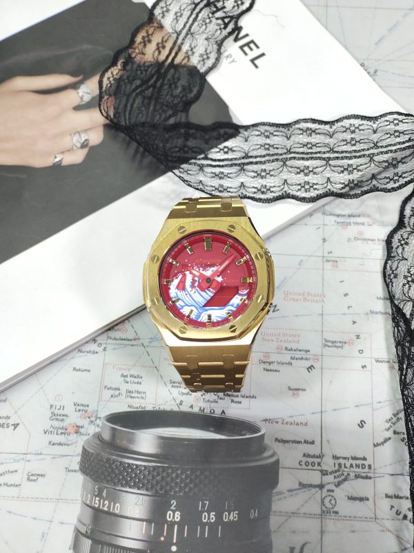 Кастомные часы Casio G-Shock GA-2100 — Золотой стальной браслет и Красный циферблат — фото 7