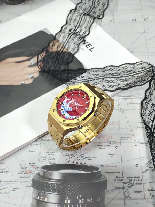 Кастомные часы Casio G-Shock GA-2100 — Золотой стальной браслет и Красный циферблат — фото 8