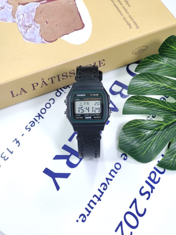 Кастомные часы Casio F-91W — Кожаный ремешок и Чёрное кольцо — фото 6