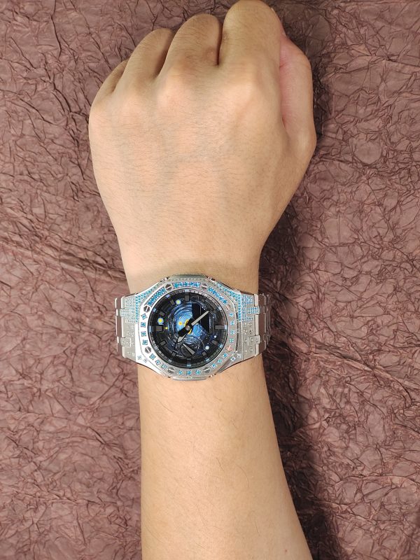 Кастомные часы Casio G-Shock GA-2100 — серебристый браслет и голубые кристаллы — фото 7