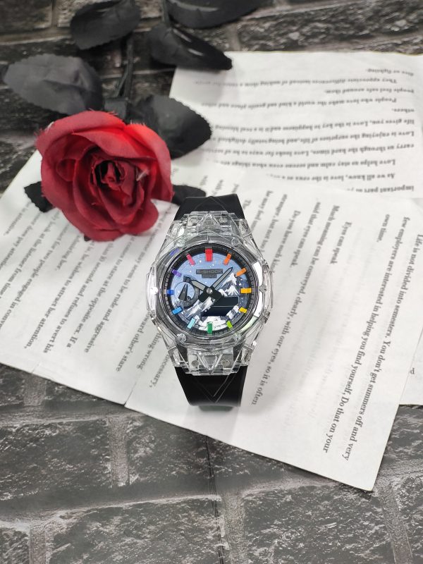 Кастомные часы Casio G-Shock GA-2100 — прозрачный корпус, чёрный ремешок и цветные метки — фото 1