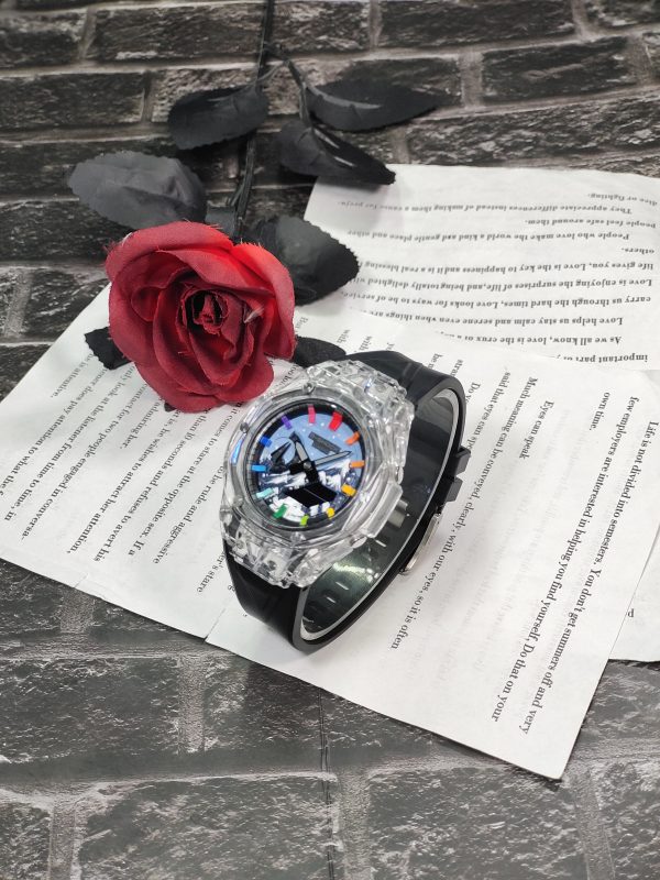 Кастомные часы Casio G-Shock GA-2100 — прозрачный корпус, чёрный ремешок и цветные метки — фото 2