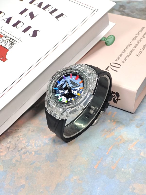 Кастомные часы Casio G-Shock GA-2100 — прозрачный корпус, чёрный ремешок и цветные метки — фото 3