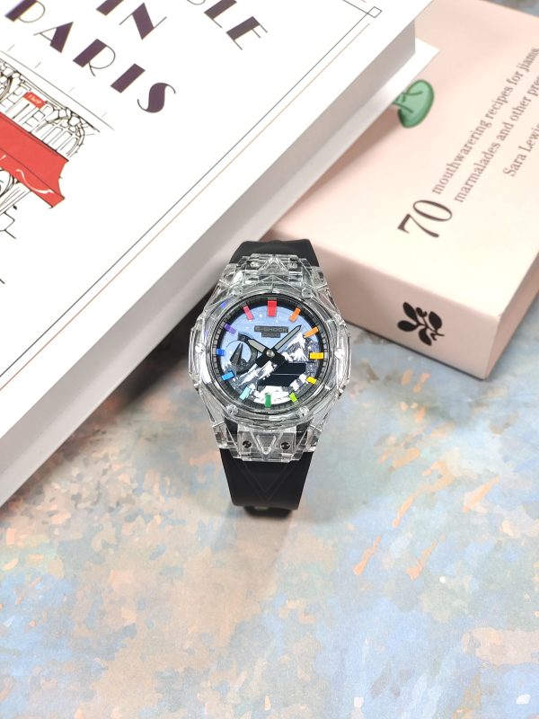 Кастомные часы Casio G-Shock GA-2100 — прозрачный корпус, чёрный ремешок и цветные метки — фото 4