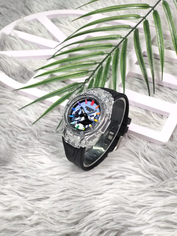Кастомные часы Casio G-Shock GA-2100 — прозрачный корпус, чёрный ремешок и цветные метки — фото 5