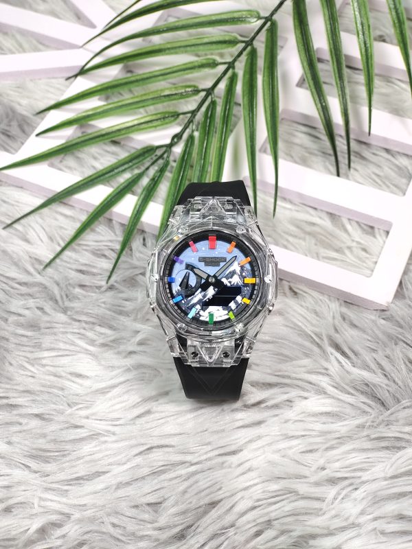 Кастомные часы Casio G-Shock GA-2100 — прозрачный корпус, чёрный ремешок и цветные метки — фото 6