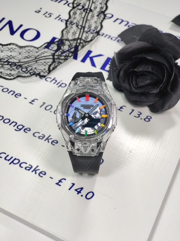 Кастомные часы Casio G-Shock GA-2100 — прозрачный корпус, чёрный ремешок и цветные метки — фото 7