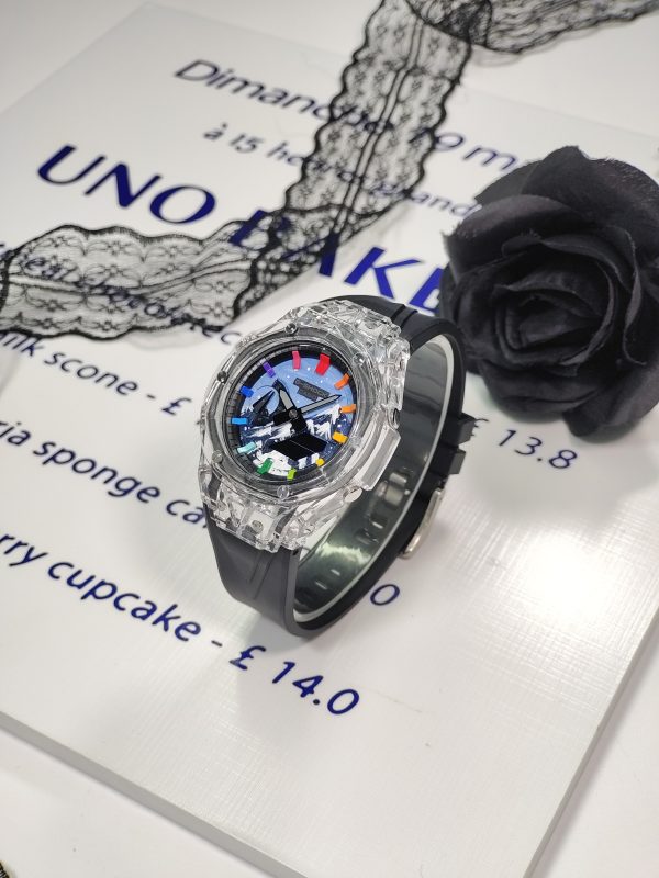 Кастомные часы Casio G-Shock GA-2100 — прозрачный корпус, чёрный ремешок и цветные метки — фото 8