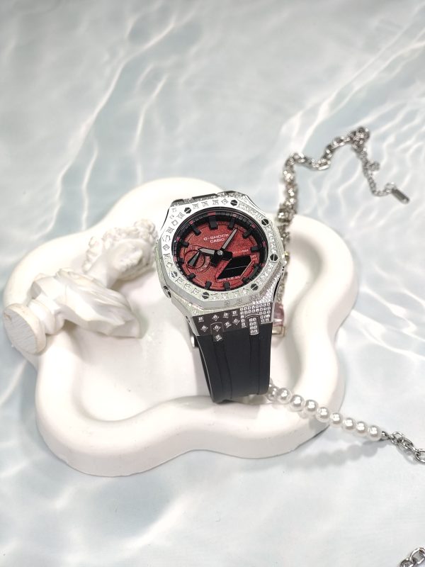 Кастомные часы Casio G-Shock GA-2100 — чёрный каучуковый ремешок и серебристый безель — фото 3