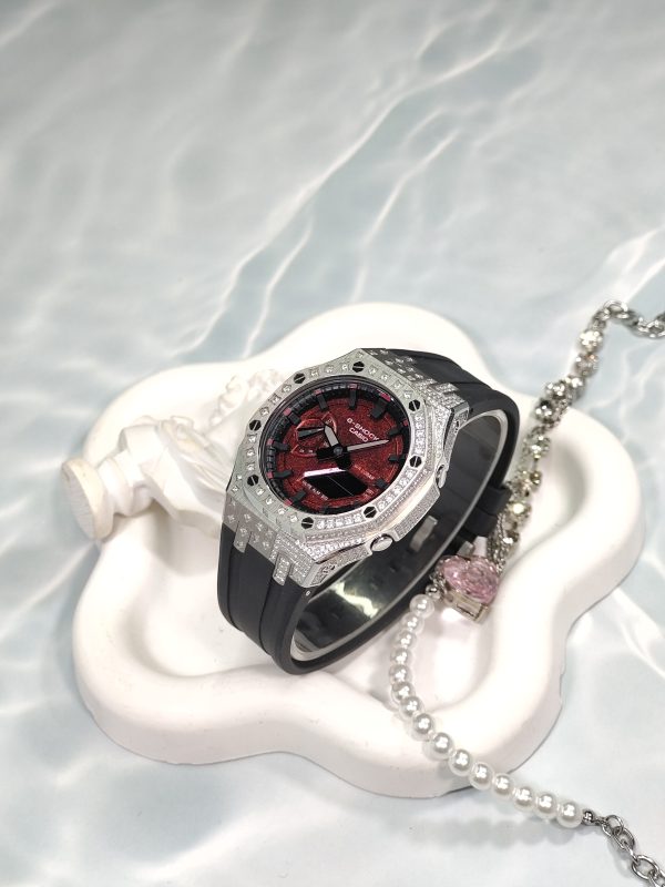 Кастомные часы Casio G-Shock GA-2100 — чёрный каучуковый ремешок и серебристый безель — фото 4