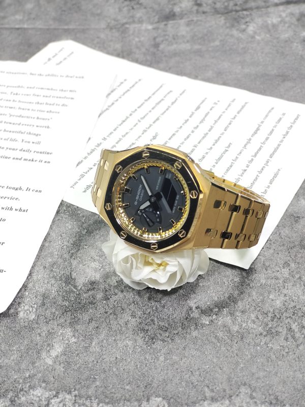 Кастомные часы Casio G-Shock GA-2100 — золотистый браслет и полированный безель — фото 4
